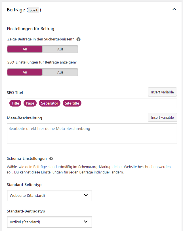 Formate für Inhaltstypen festlegen in Yoast