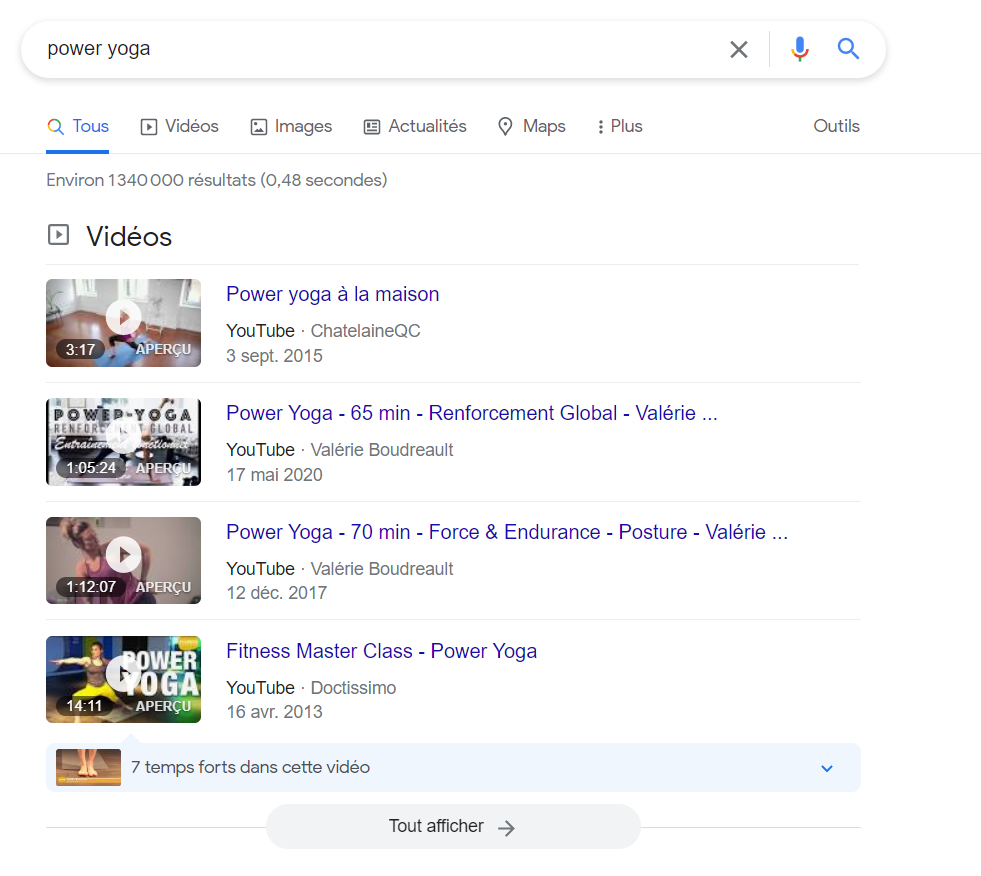 résultats vidéo Google sur la première page