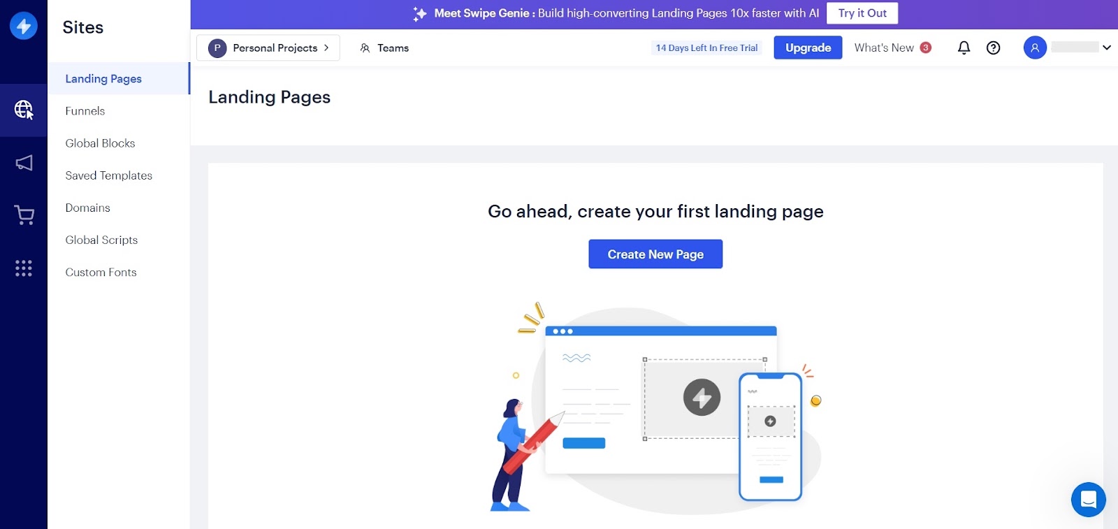 Swipe Pages landing page builder interface with a menu bar on the left and the "Create New Page" button in the center