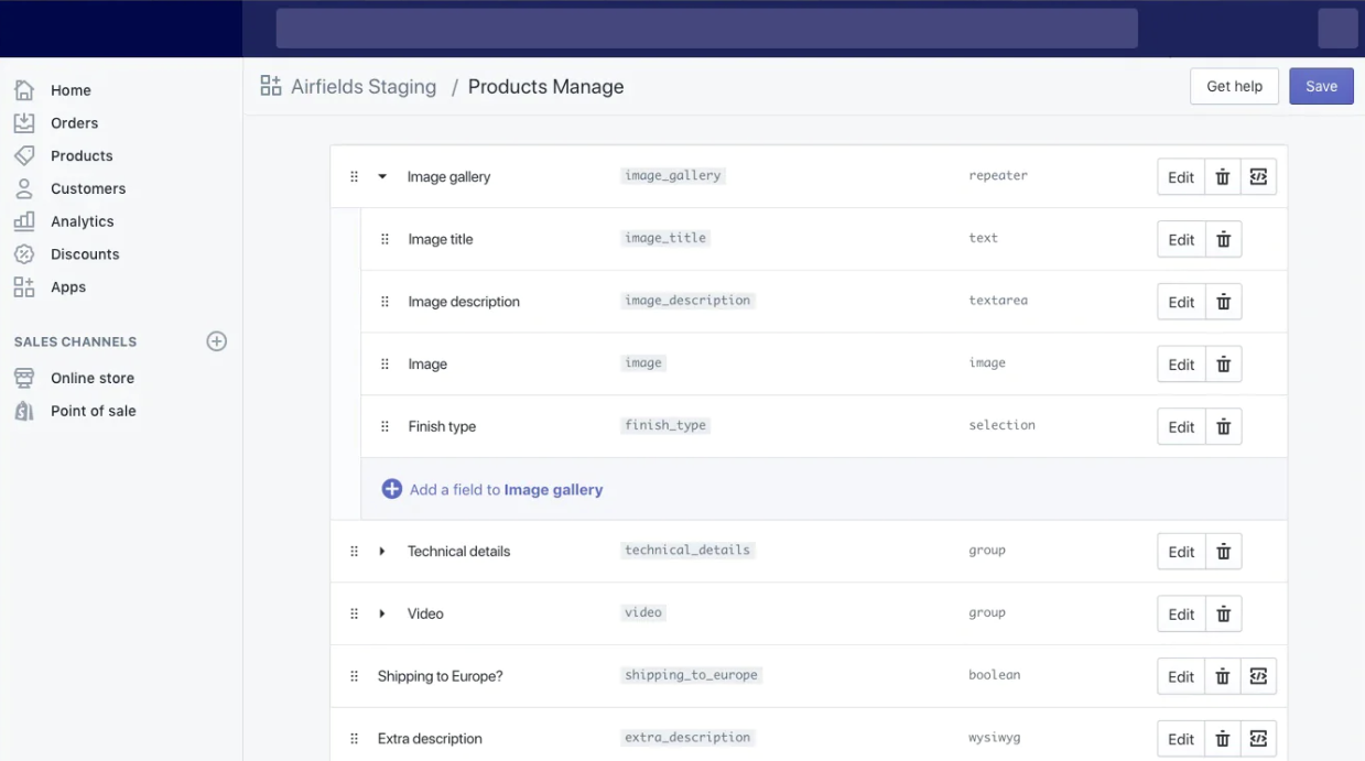 "Products Manage" page in Shopify