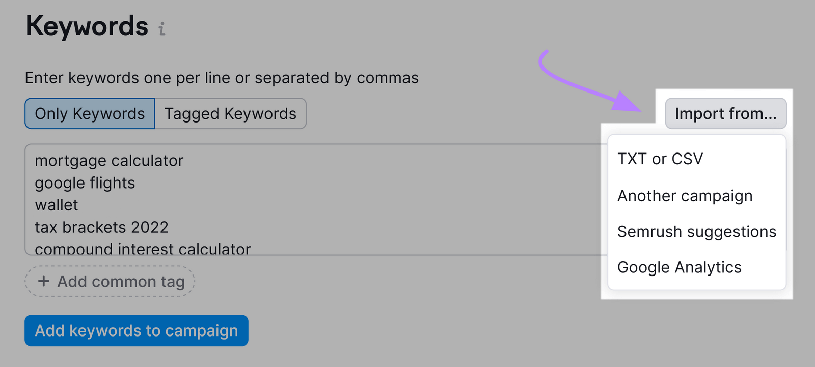 “Import from…” button with drop-down menu showing options