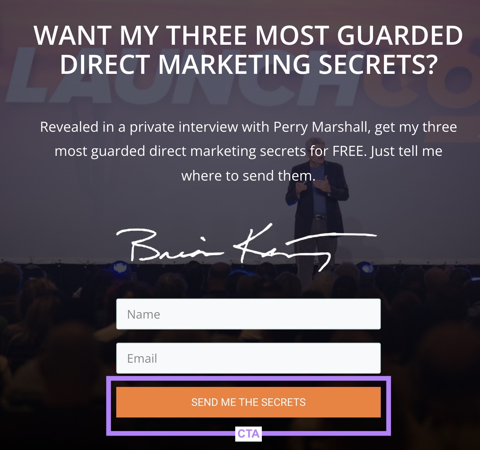 "Send me the secrets" CTA on Brian Kurtz's site