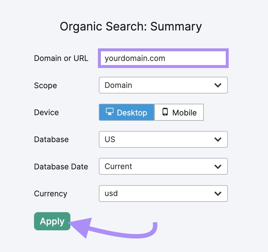 "Organic Search: Summary" settings window in My Reports