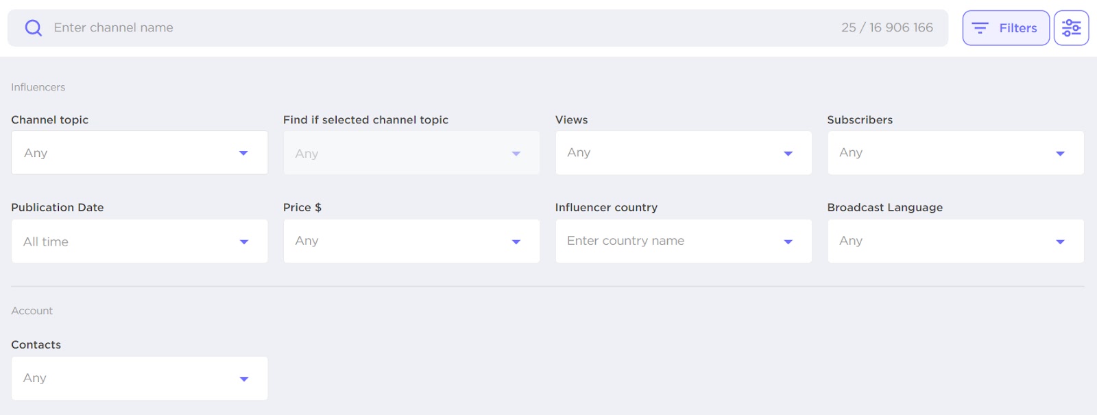 Filters section in Influencer Analytics
