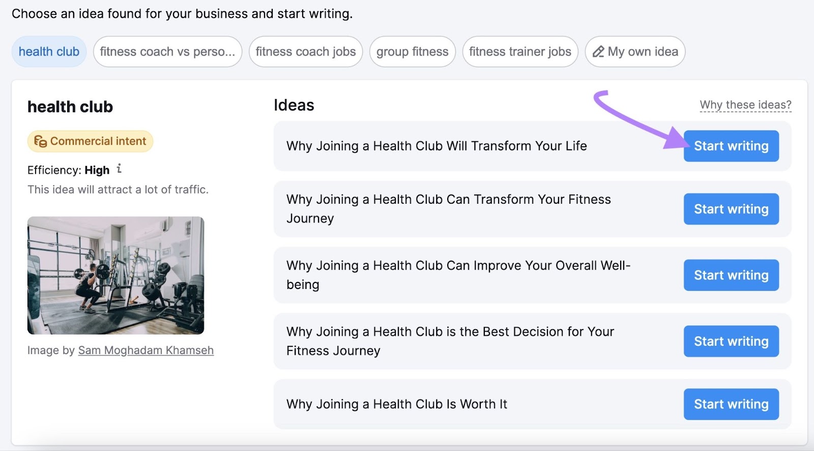 Ideas related to "health club" in ContentShake AI app