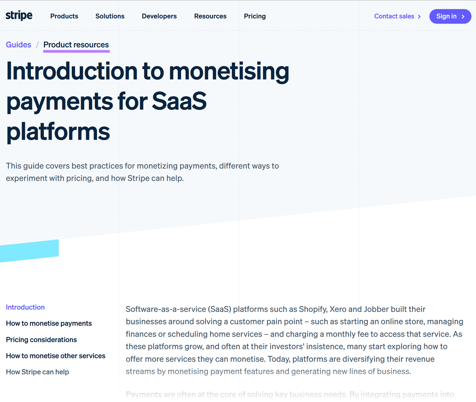Stripe's article called introduction to monetizing payments for SaaS platforms.