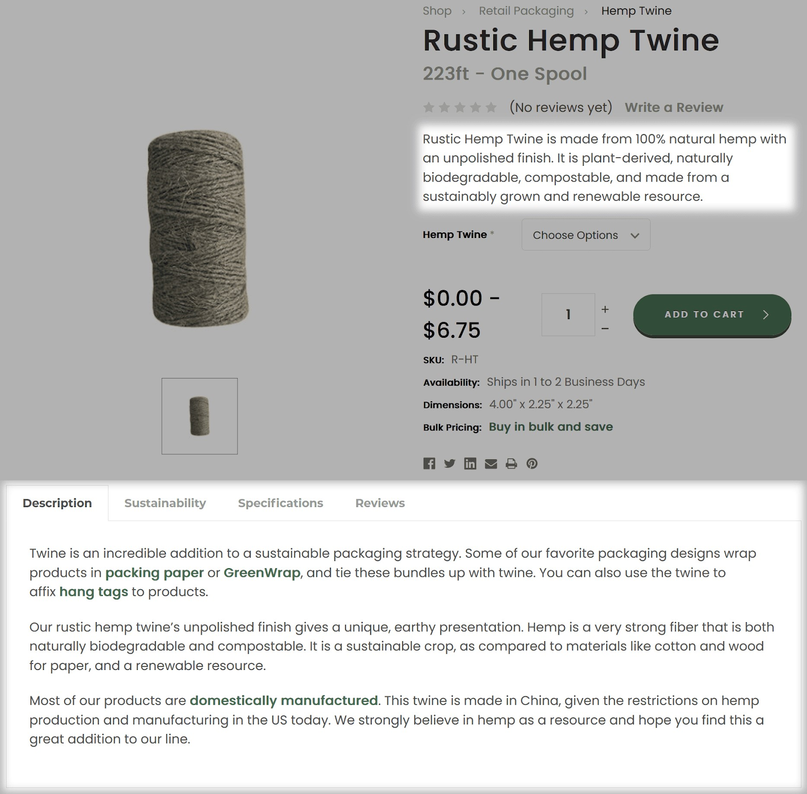EcoEnclose's product description for "Rustic Hemp Twine" listing