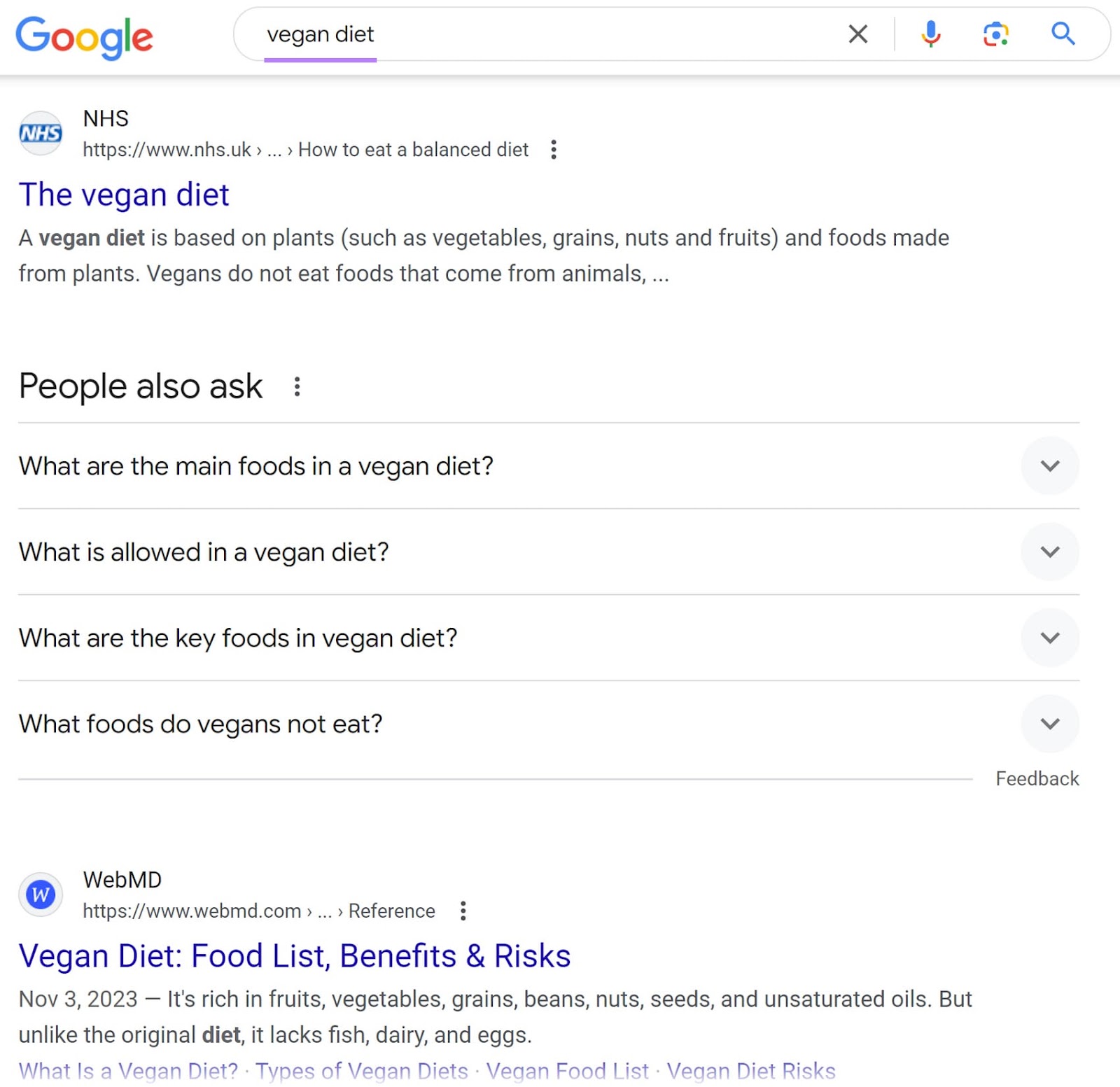 Google search results page for "vegan diet," showing results from NHS and WebMD and a "People also ask" section