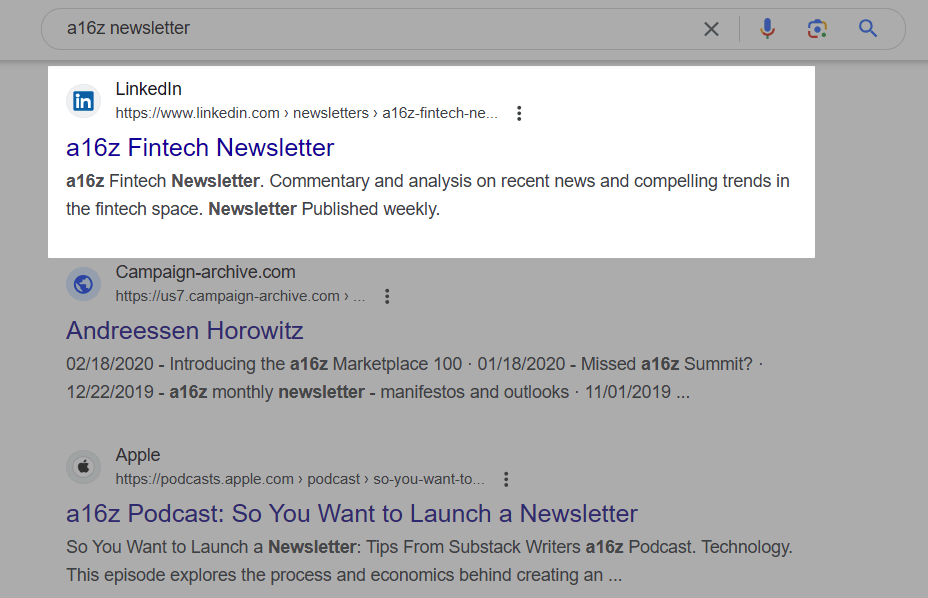 The newsletter's LinkedIn page appears in Google's search engine results page.