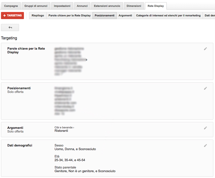Posizionamenti campagna AdWords