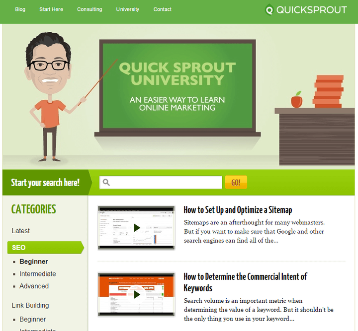 En QuickSprout vemos una página llamada “University”