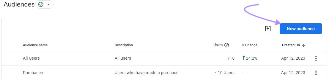 “New audience” button selected in the top right corner under "Audiences" section