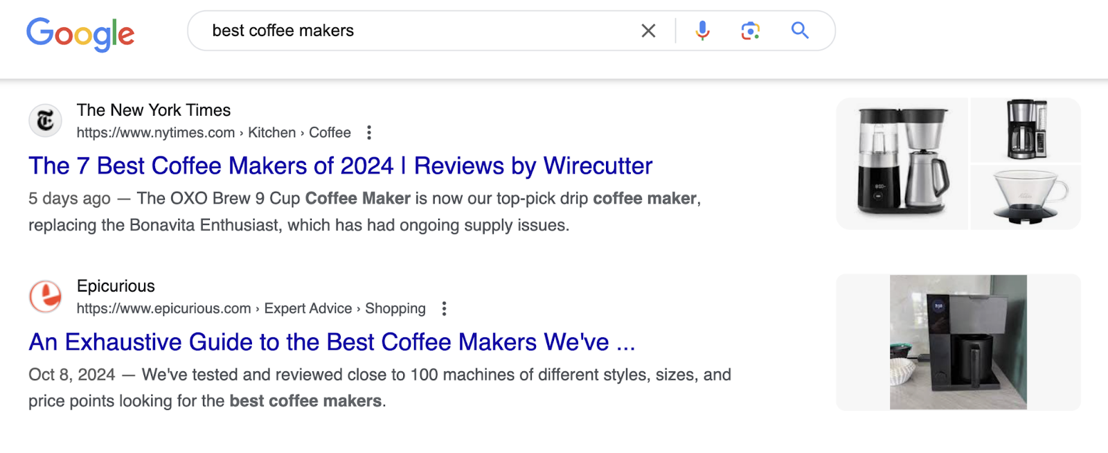 coffee maker product review roundups on the SERP