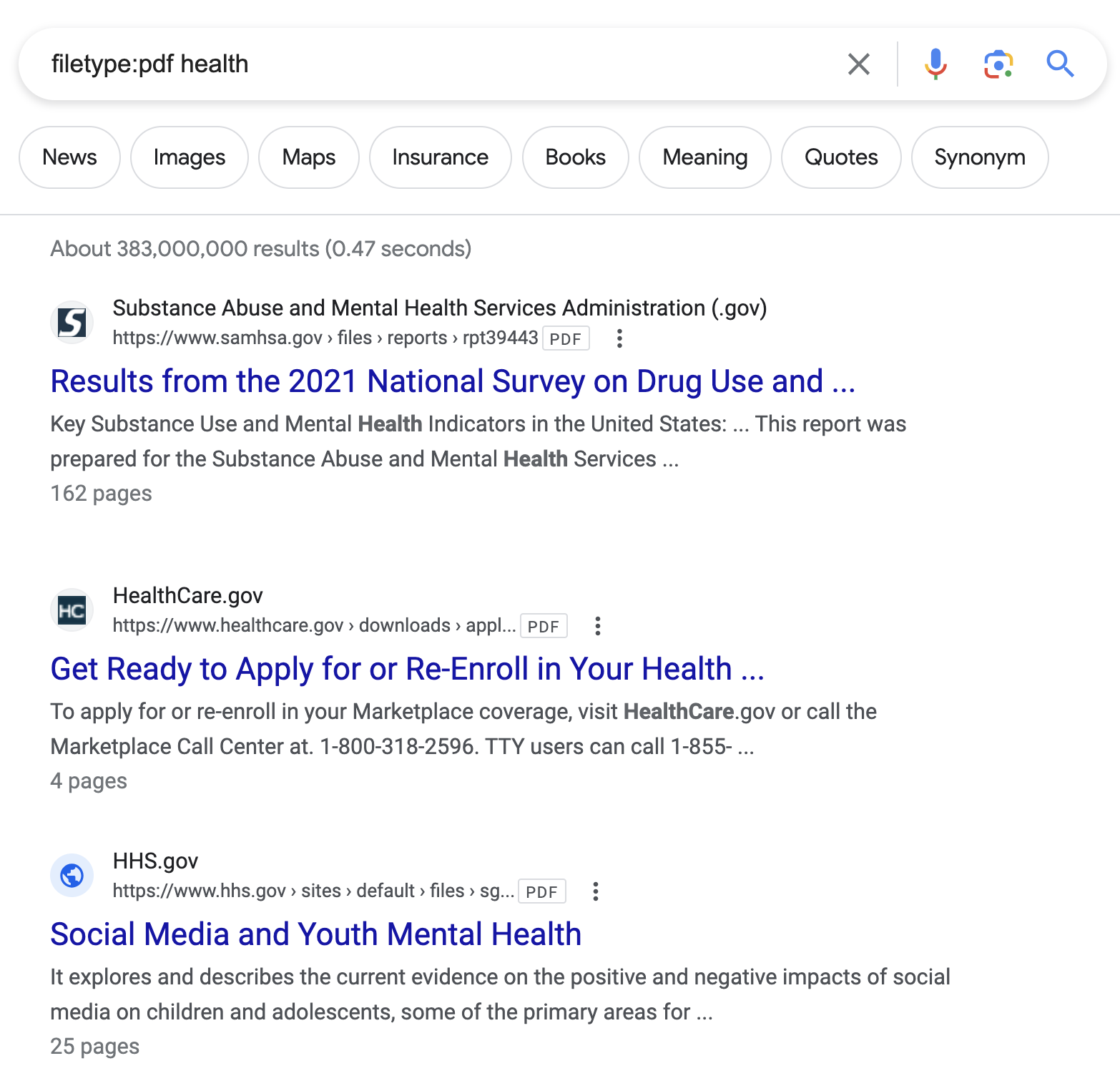 Google search results for “filetype:pdf health"