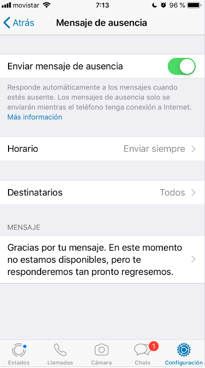 Mensaje de ausencia en WhatsApp Business