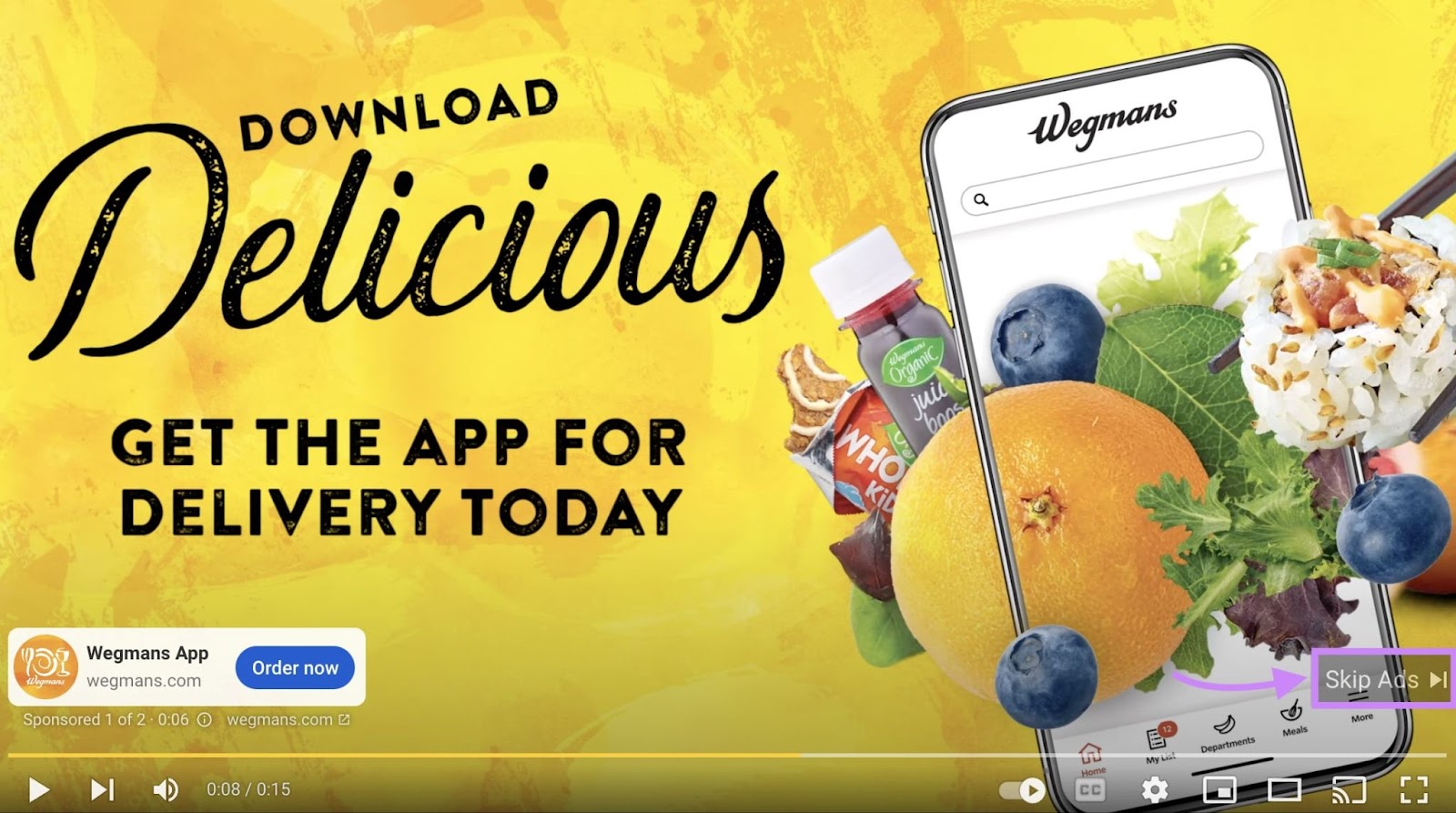 An example of skippable in-stream ad for "Wegmans App" on YouTube