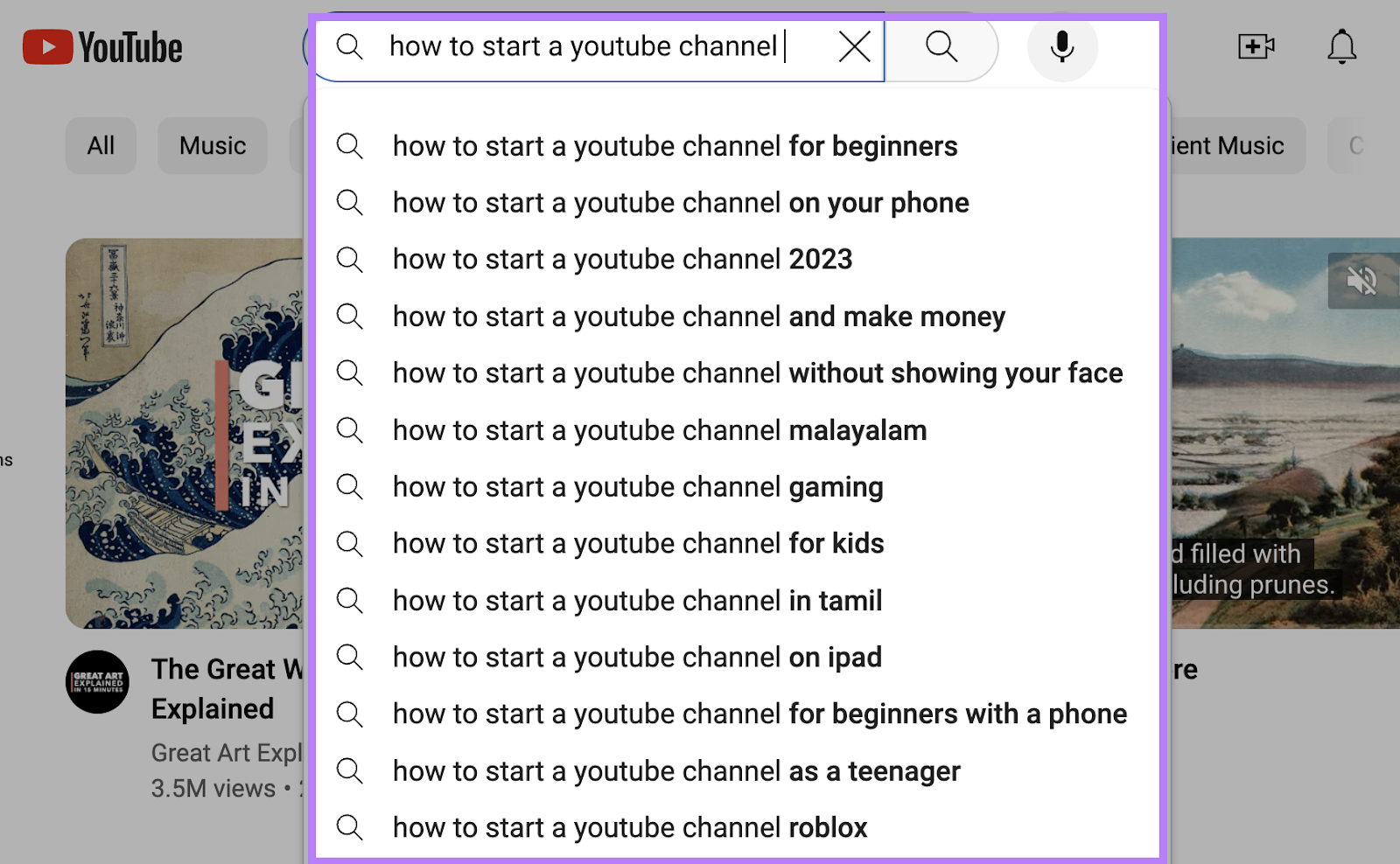 YouTube search predictions for "how to start a youtube channel"