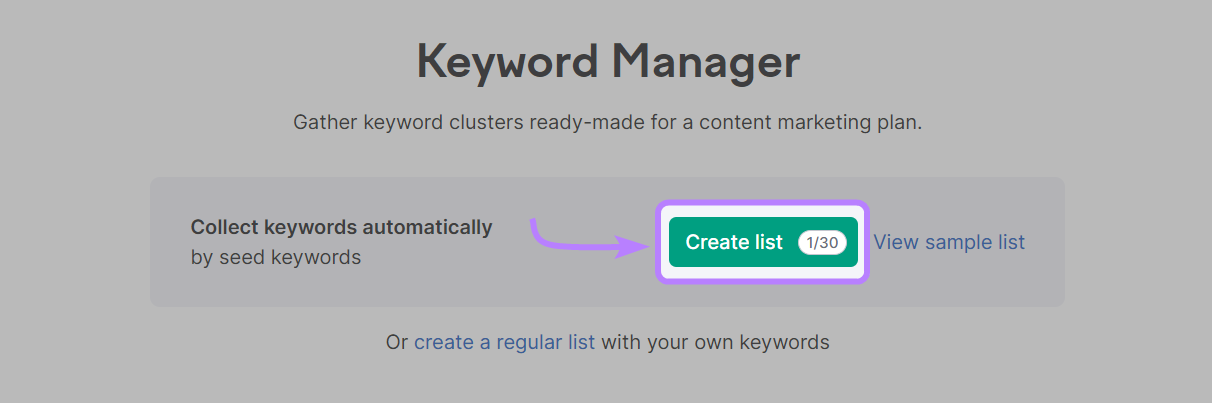 “Create list” button highlighted under Keyword Manager tool