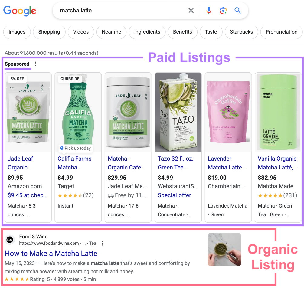 Google SERP for "matcha latte" with "paid listings" above and "organic listing" section highlighted