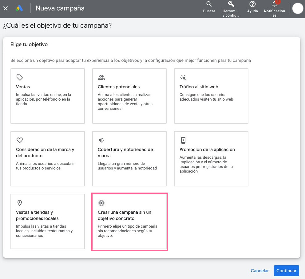 Crear una campaña sin objetivo en Google Ads