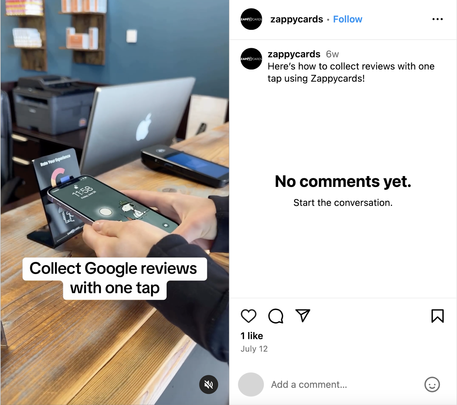 Mobile phone taps a small placard on the front counter to leave a Google Review