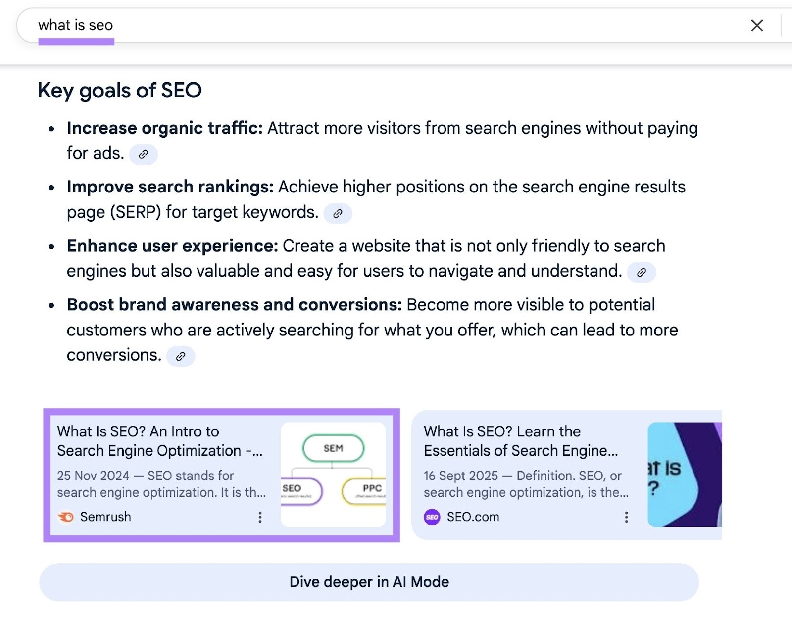 Google SERP pour le terme "qu'est-ce que le référencement" citant un article de blog de Semrush avec le même titre.
