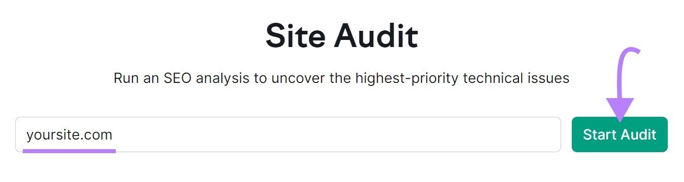 Site Audit tool with "Start audit" button highlighted