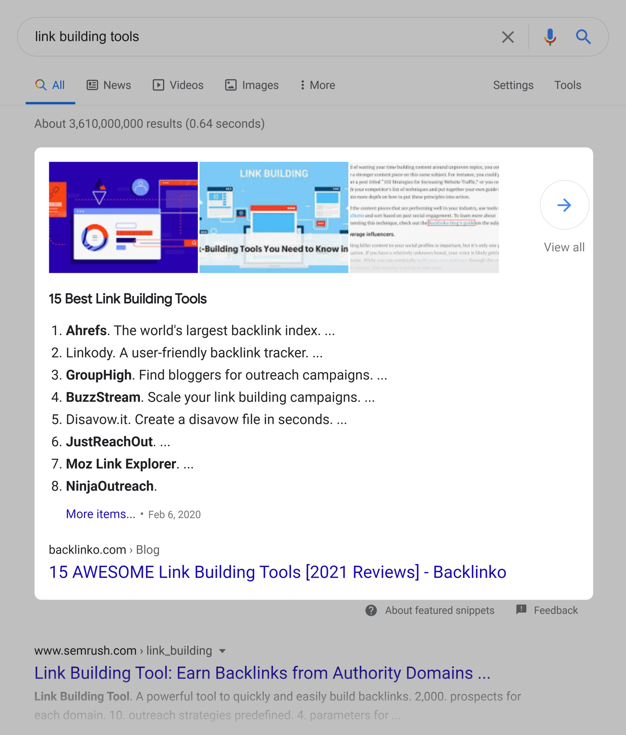 Screenshot: Backlinko bei Google ganz oben für 'link building tools