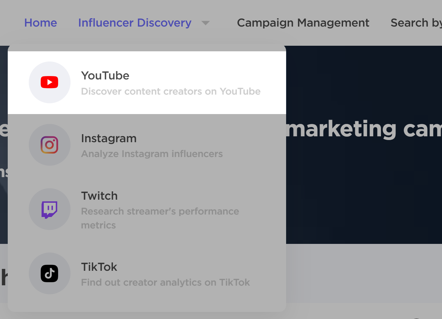 YouTube option highlighted in Influencer Discovery sub menu.