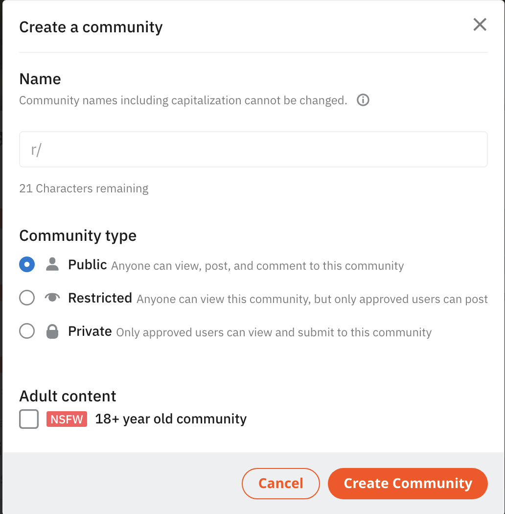 "Create a community" pop-up window on Reddit