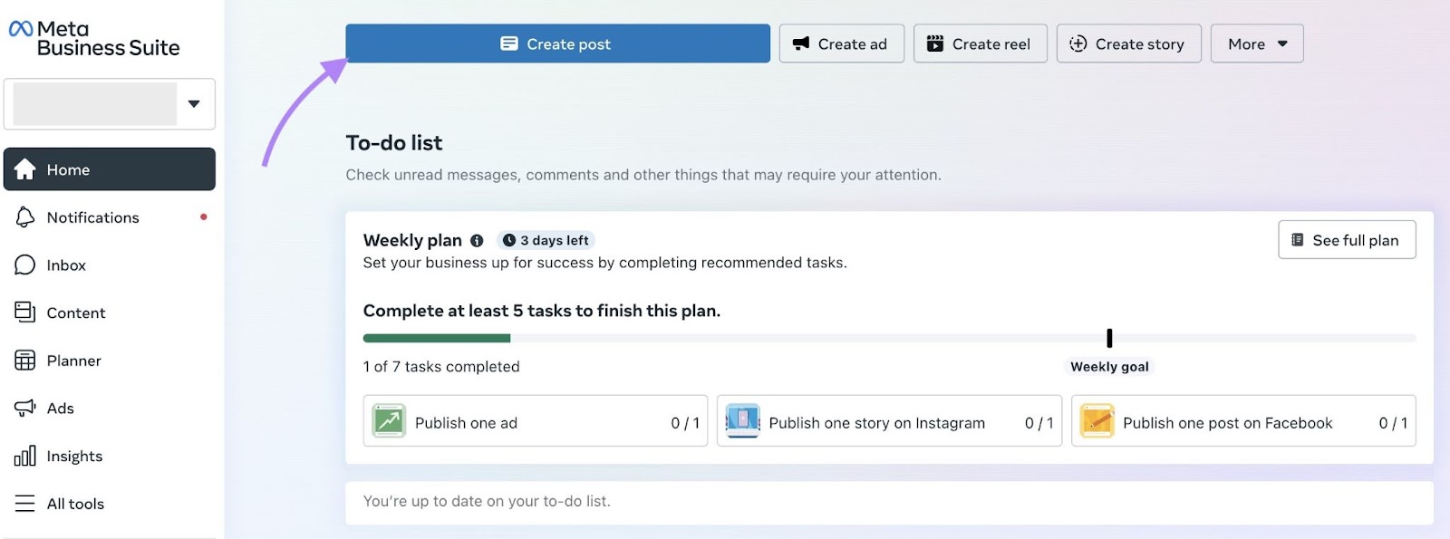 "Create post" from the “Home” tab highlighted connected  the Meta Business Suite.