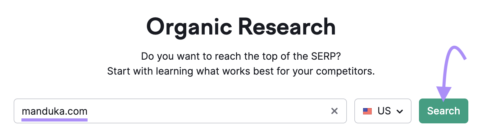 "manduka.com" entered into the Organic Research search bar