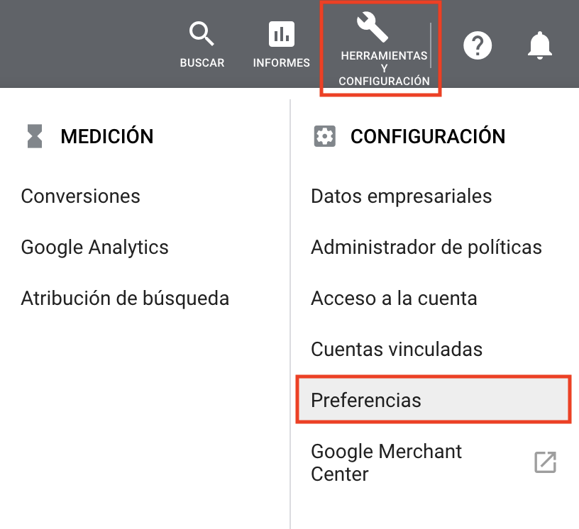 Informes de marketing - Preferencias de Google Ads