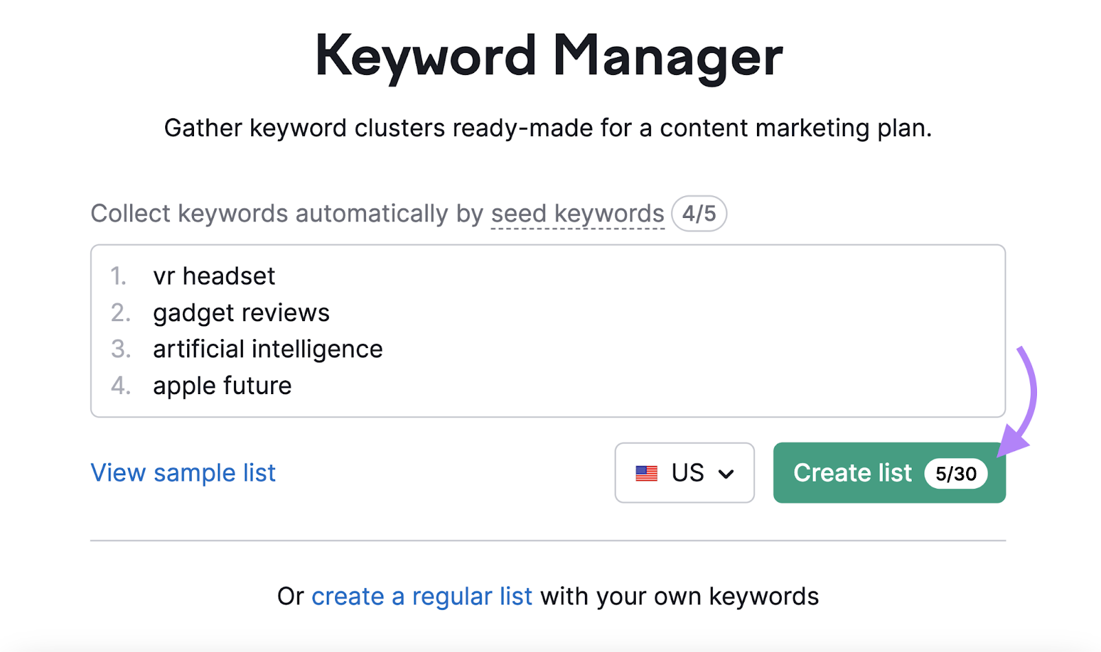 keywords like vr headset, gadget review, and artificial intelligence entered into keyword manager tool