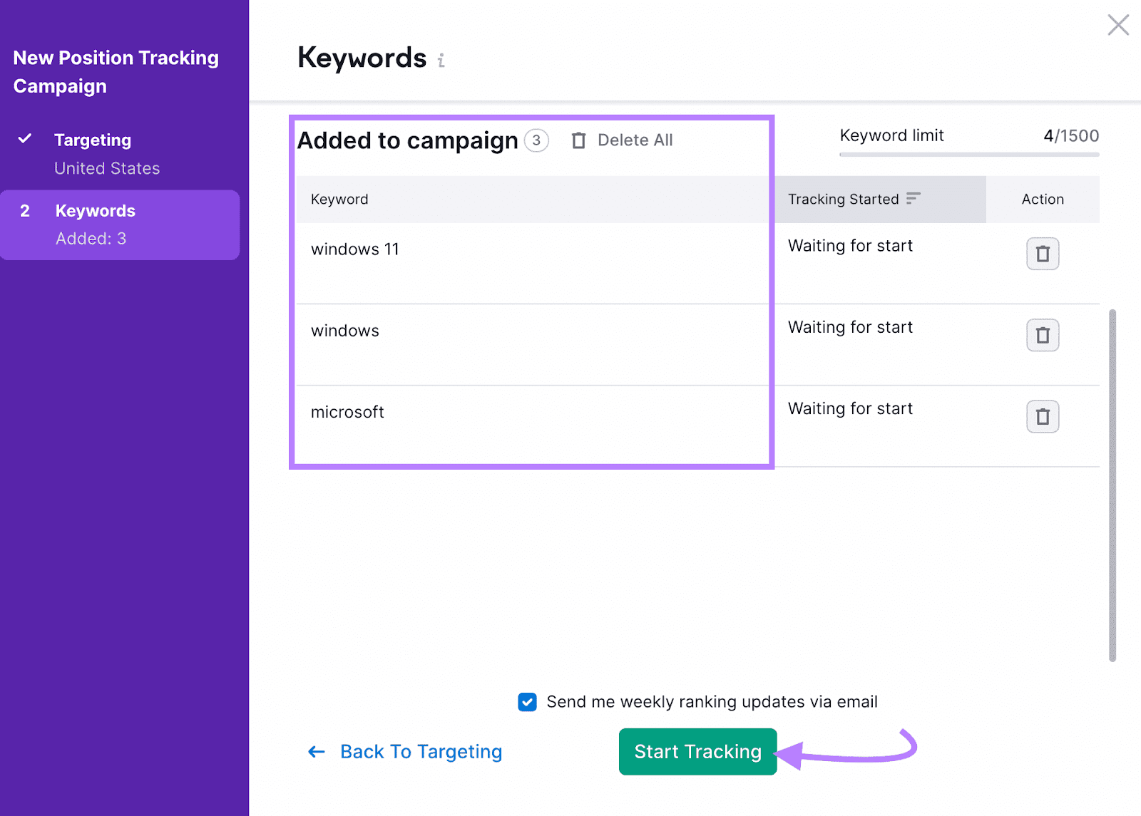 “Start Tracking" button selected under "Keywords" settings window