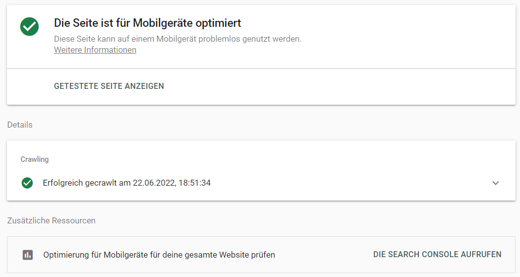 Screenshot: Google-Test auf Optimierung für Mobilgeräte