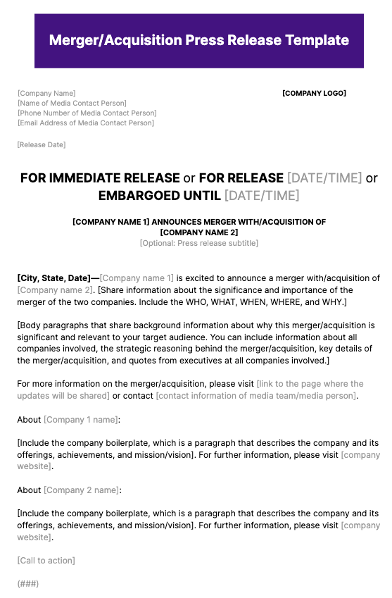 Merger/Acquisition Press Release Template