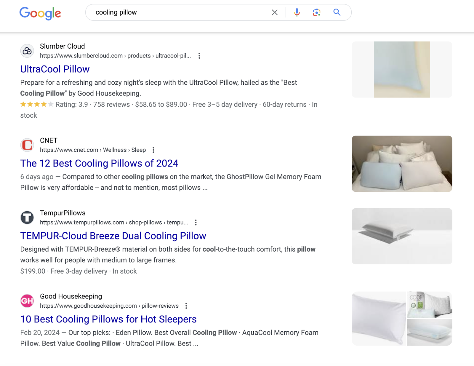 serp for cooling pillow with images, merchandise  pages, and roundup pages