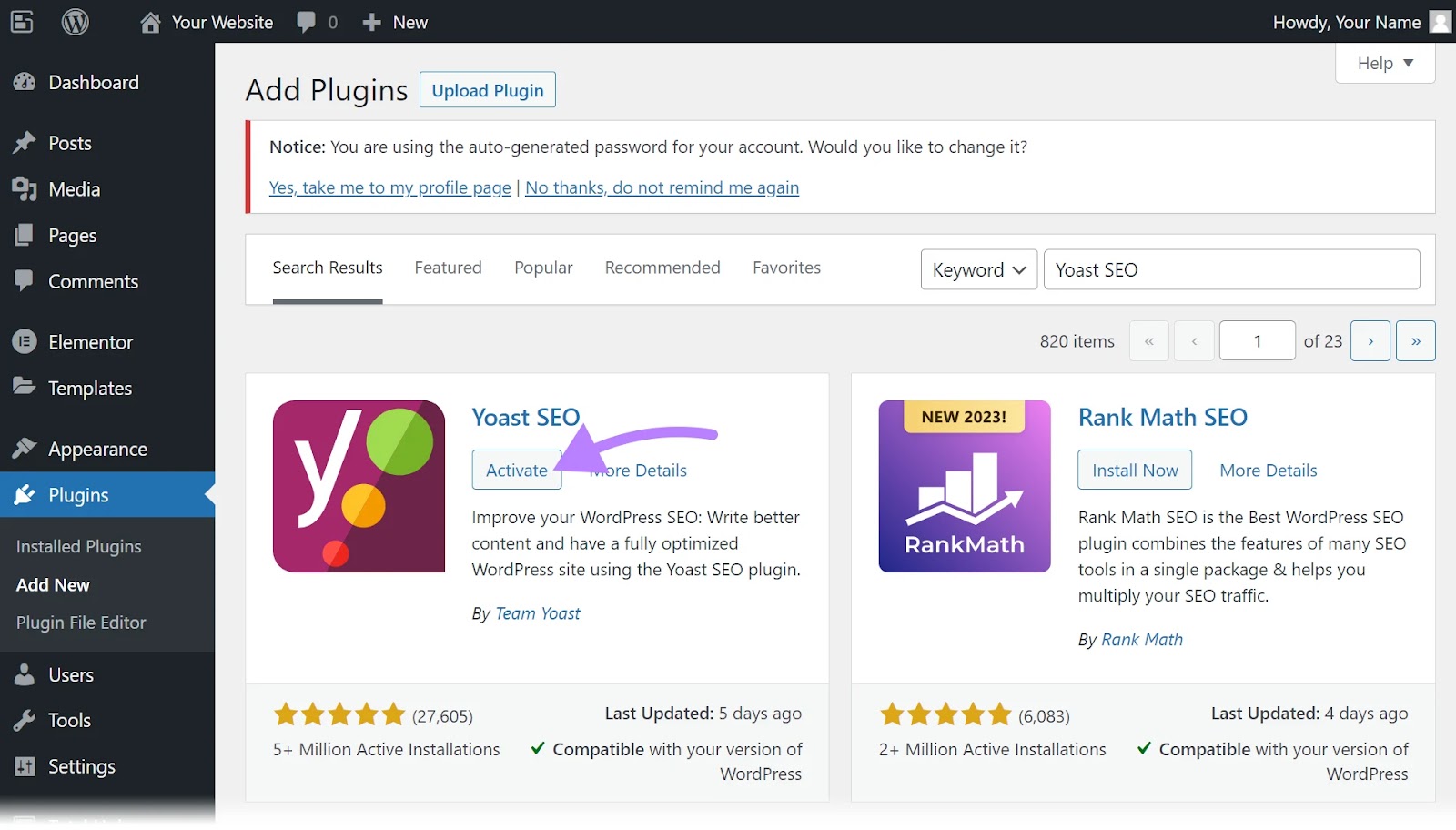 "Activate" button selected under "Yoast SEO" widget
