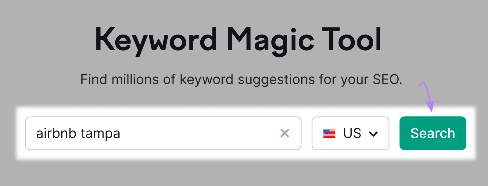 Screenshot des Keyword Magic Tools mit "airbnb tampa" in der Suchleiste