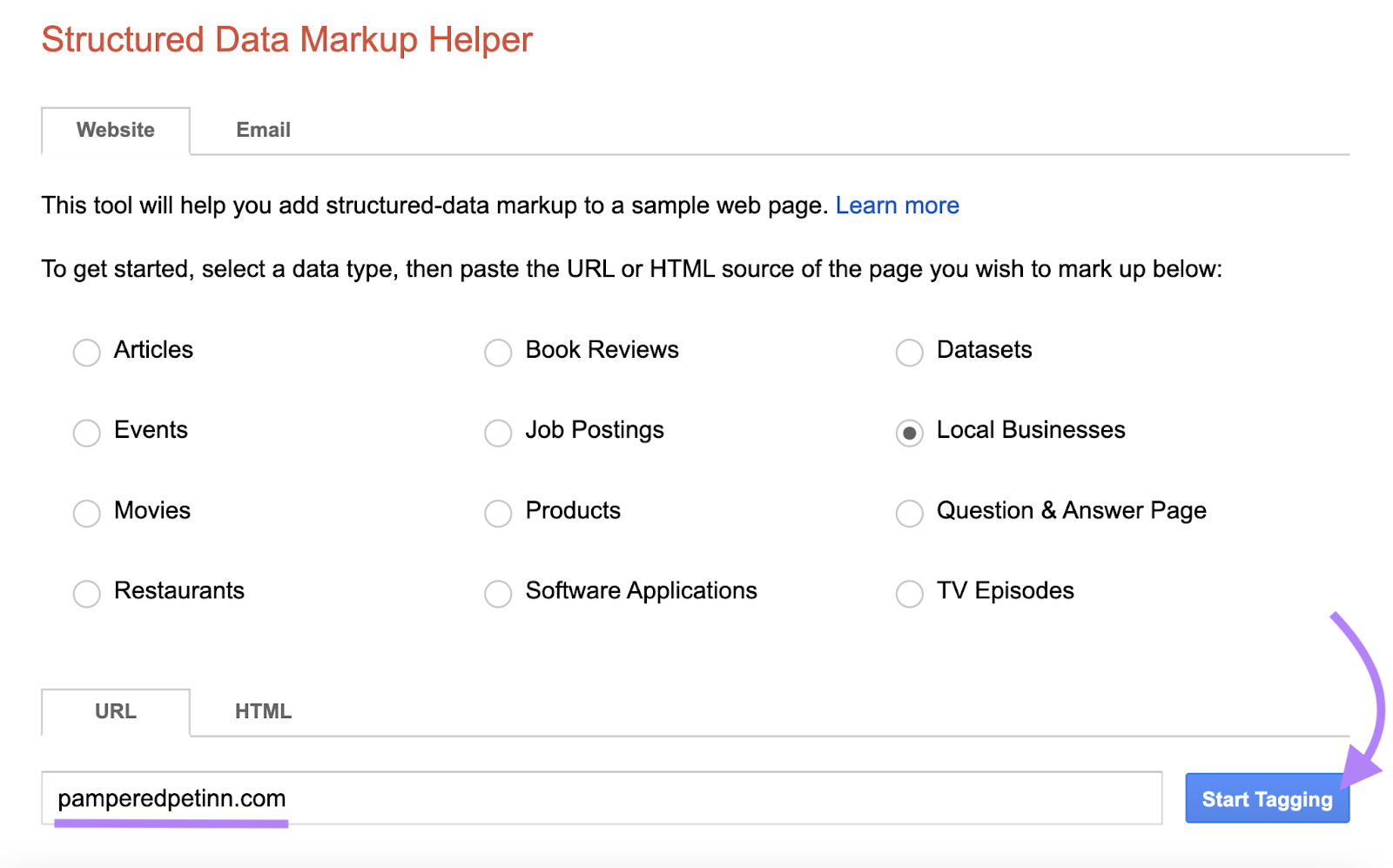 url entered into the structured data markup helper