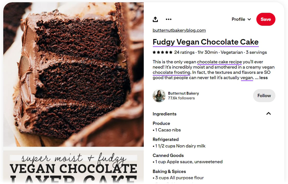Pinterest Pin for a vegan chocolate cake recipe.