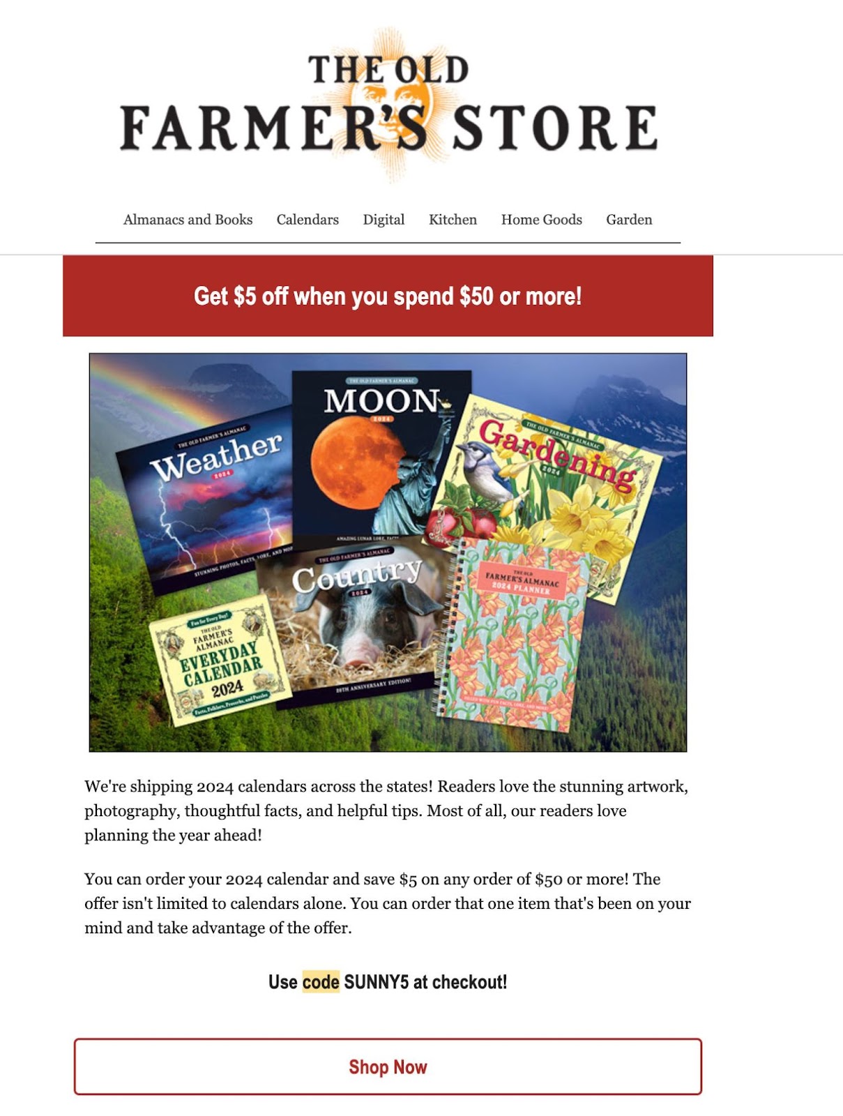 A promotional email from "The Old Farmer's Store"