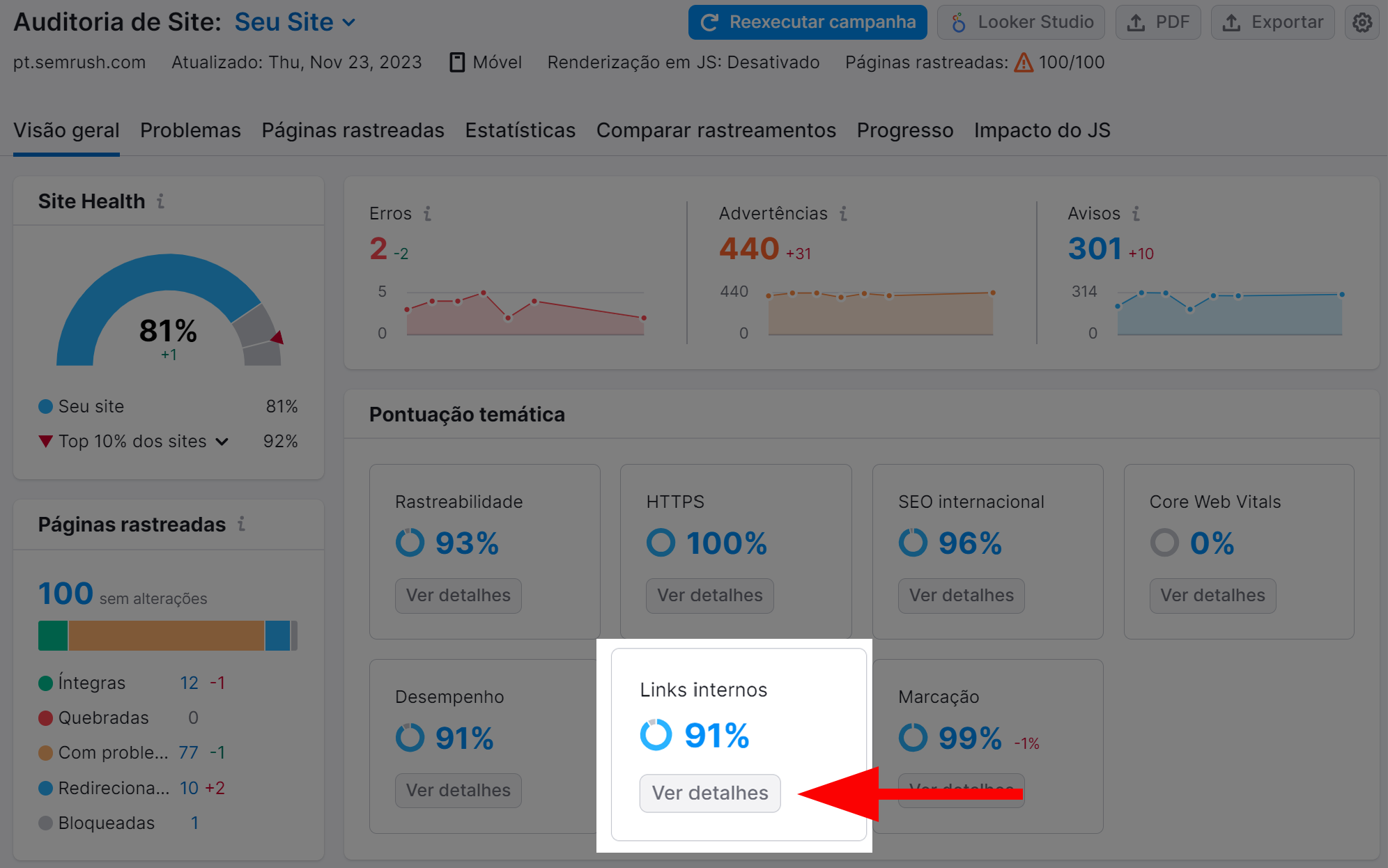 relatório de links internos na ferramenta auditoria de site