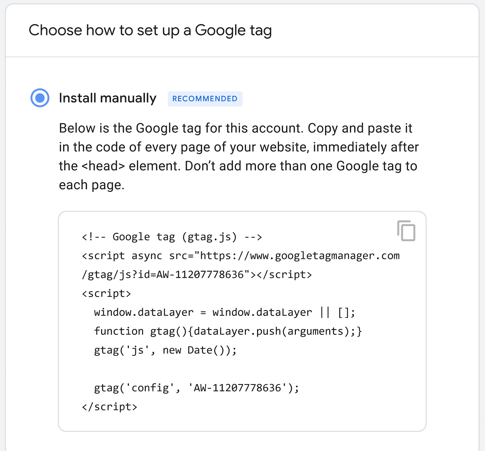 "Install manually" option selected under "Choose how to set up a Google tag" window
