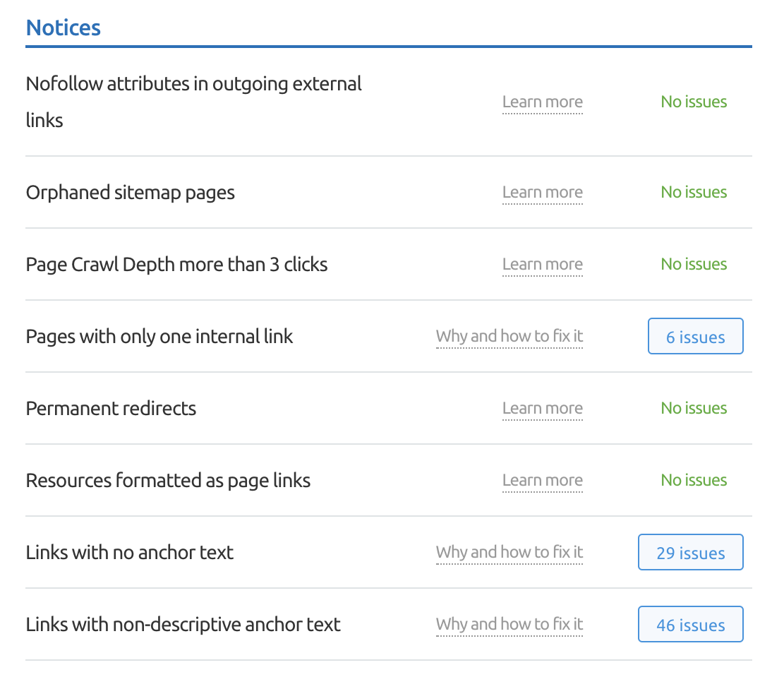 Site Audit Internal Linking notices