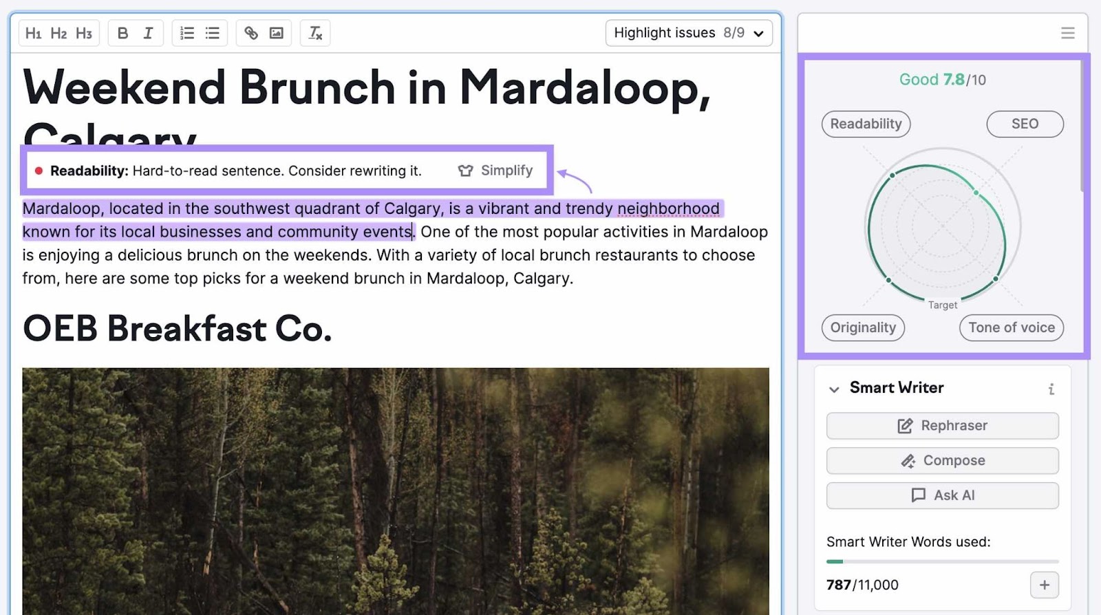 SEO Writing Assistant's content score (right) for the entered text on "Weekend Brunch in Mardaloop, Calgary"