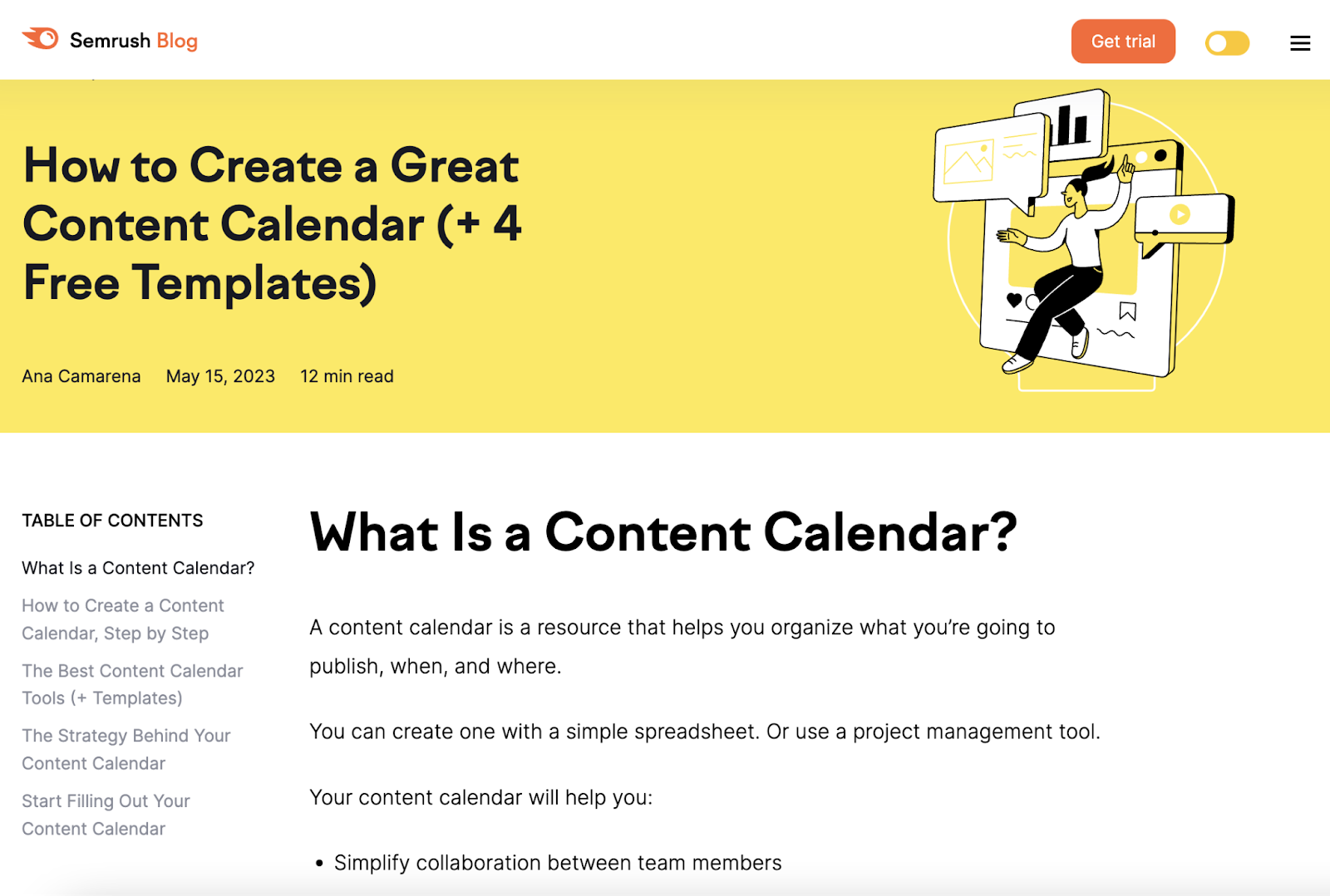 an example of Semrush blog with headline "How to Create a Great Content Calendar (+4 Free Templates)"