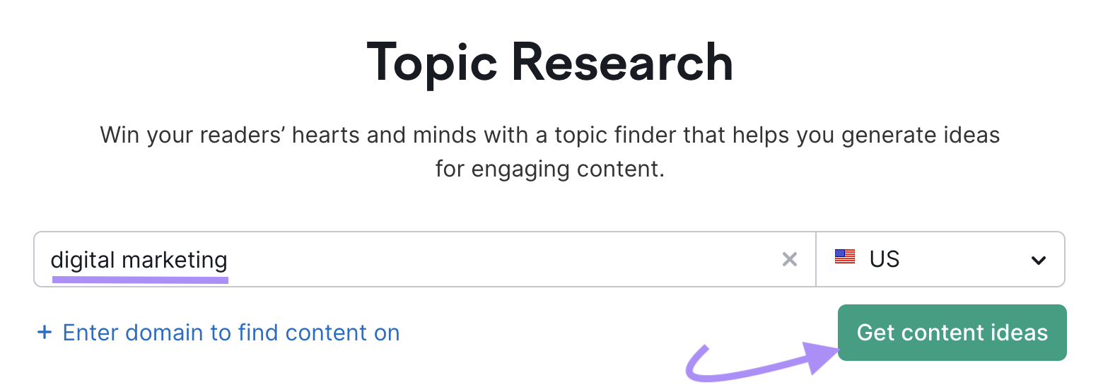 "digital marketing" entered into Topic Research tool search bar