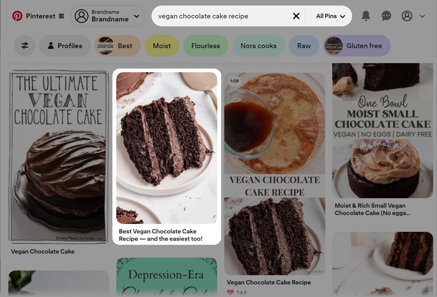 Pinterest search results for “vegan chocolate cake recipe” showing keyword-optimized titles.